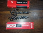 New Old Stock Toyota Corona RT80 Front Fender Name Plate 75361-20902. Fixed Price $110.00.
